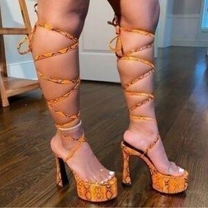 Shane Justin High Heels Snakeskin Lace Up Open Toe New Women Orange Stripper 8.5
